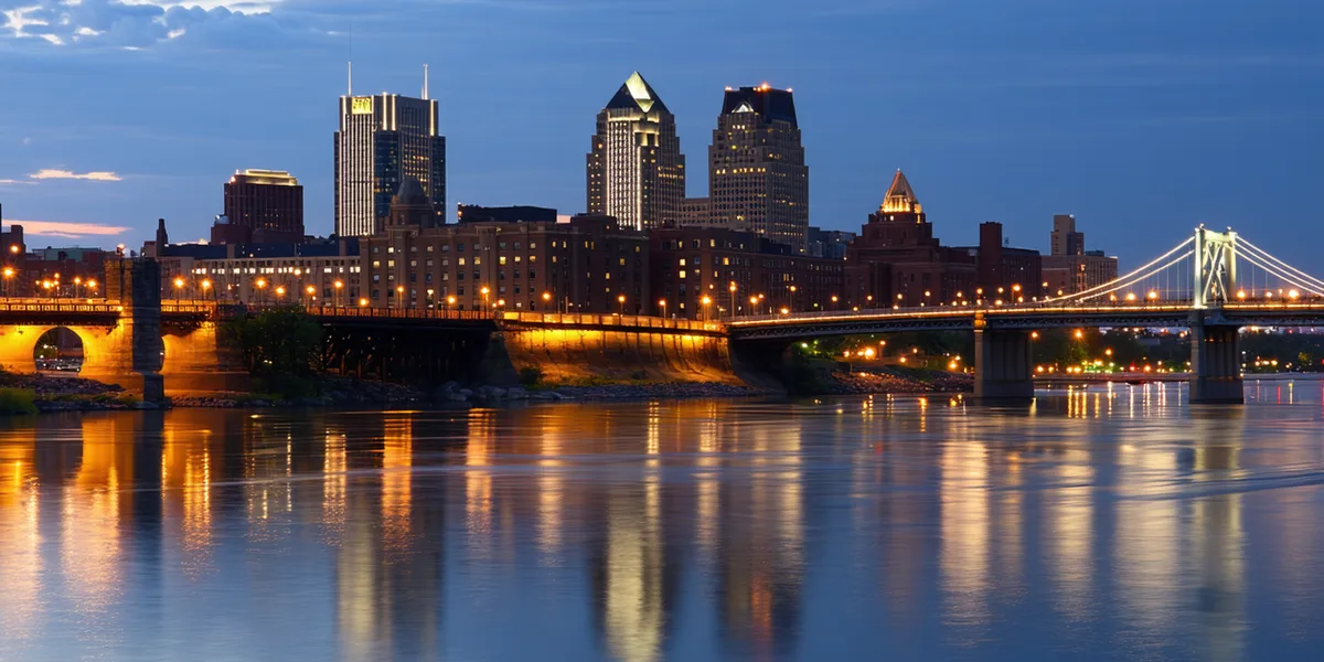 Pittsburgh skyline at dusk viewed from the rivers