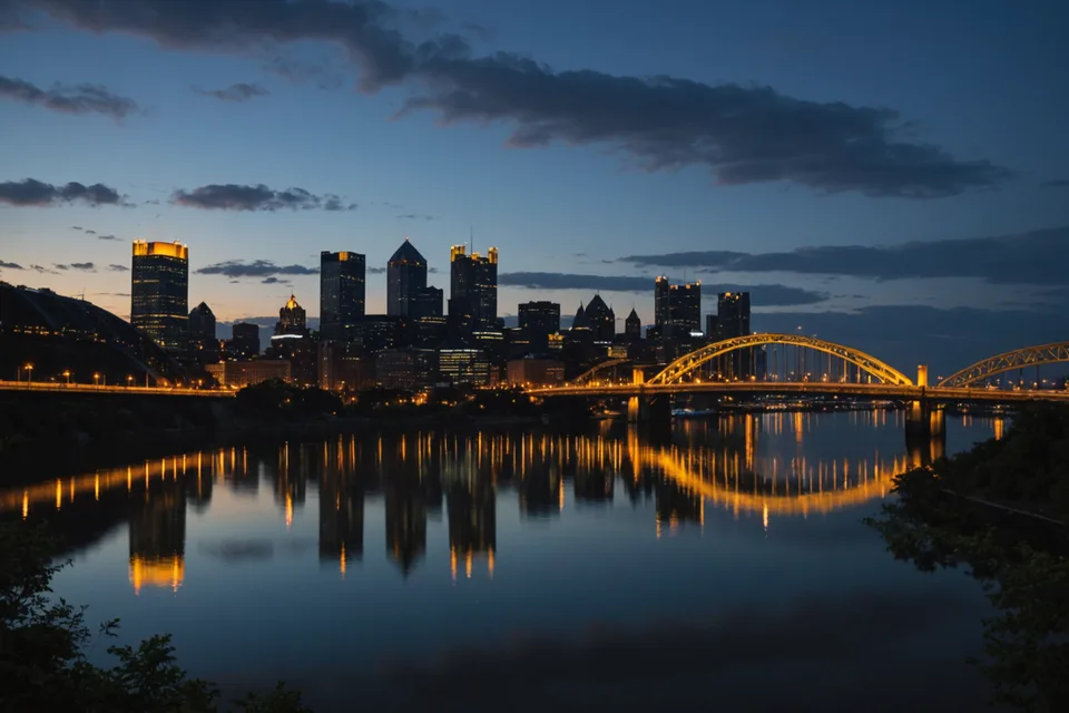 Pittsburgh skyline at dusk with bridges and rivers visible, representing Nanolix's Pittsburgh research base
