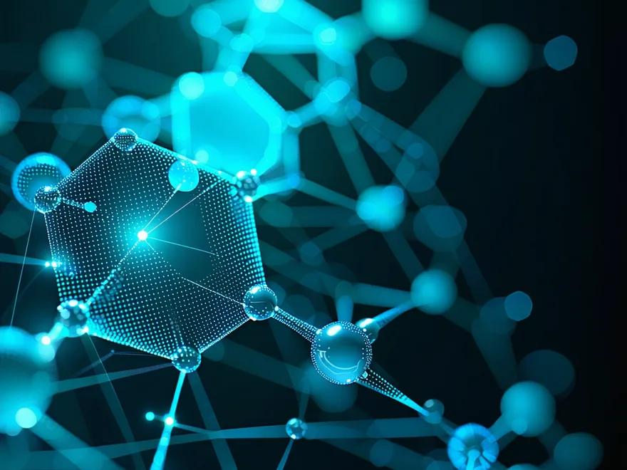 Abstract neural network graph architecture diagram showing molecular graph encoding and latent space navigation